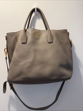 Prada Taupe Gray Pebbled Leather Tote with Gold Hardware